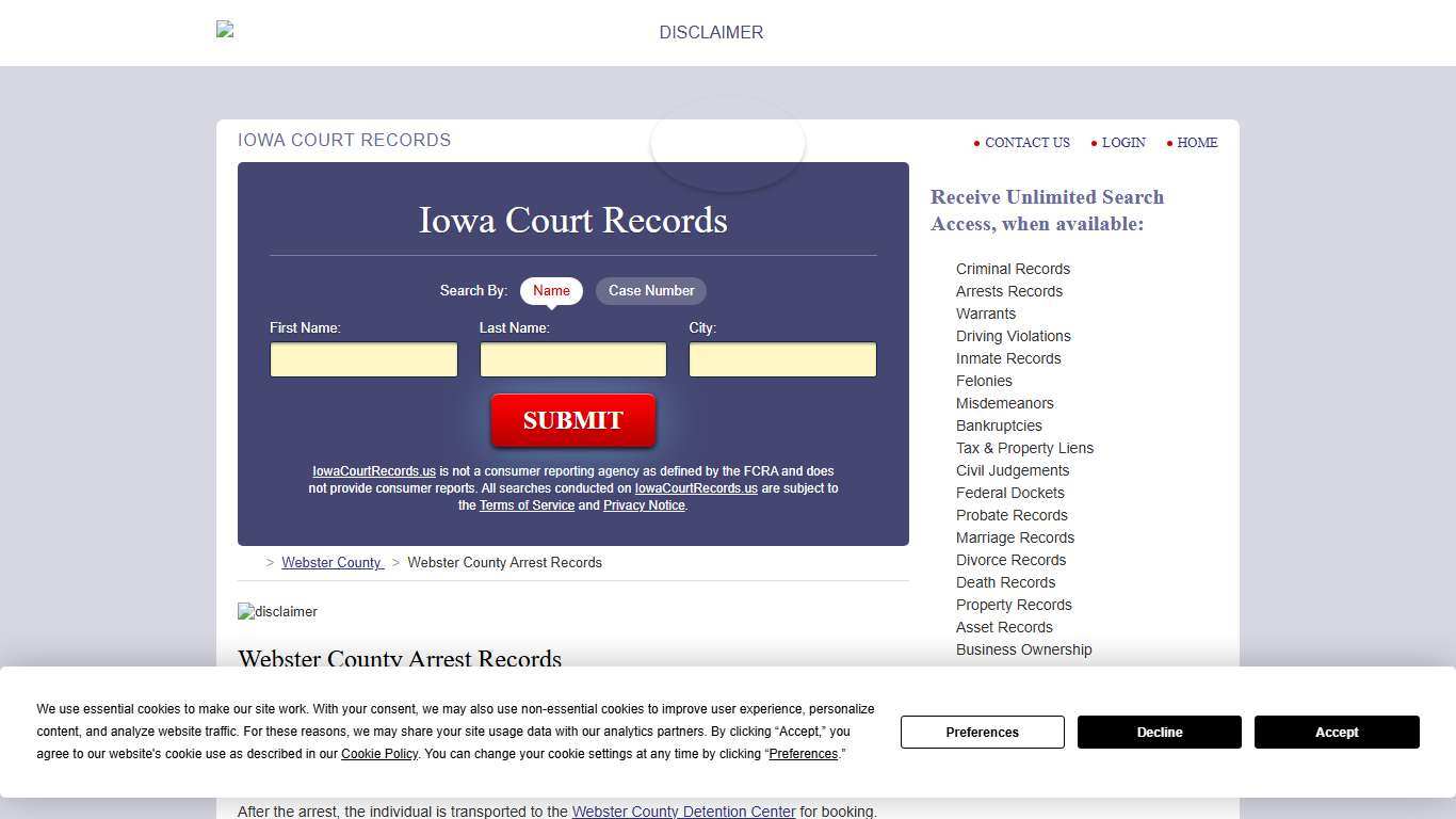 Webster County Arrest Records | IowaCourtRecords.us